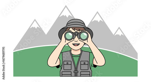 Explorer With Binoculars Observing Mountain Range Through the Lens, Discovering Nature