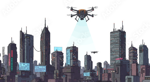 Futuristic cityscape with drones flying over high-tech skyscrapers