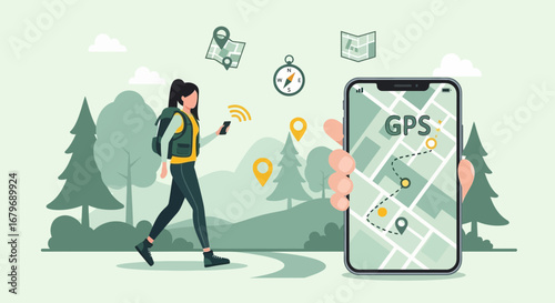 Exploring The Wilderness: Hiking Woman Utilizing GPS Technology With Digital Cartography