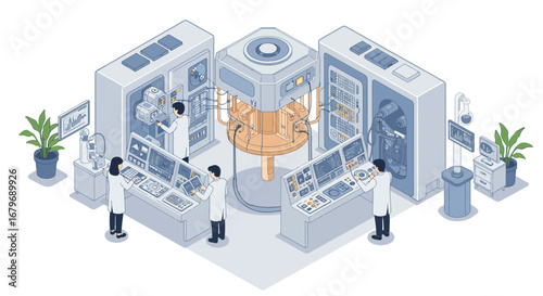 Futuristic laboratory with scientists operating advanced equipment in isometric design
