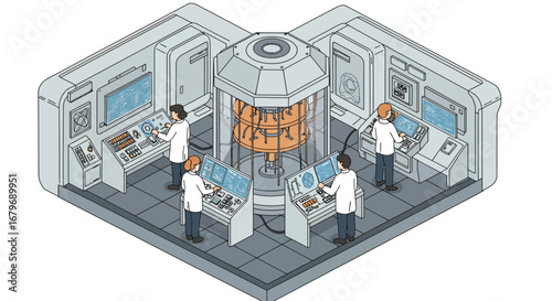 Futuristic isometric laboratory with scientists analyzing data on quantum computers