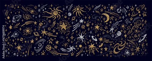 Hand drawn crayon gold and silver sketch outer space luxury background. Celestial cosmic chalk, pencil, paint brush drawing cosmic design. Shooting star, comet, twinkle, bling, star clusters scribble