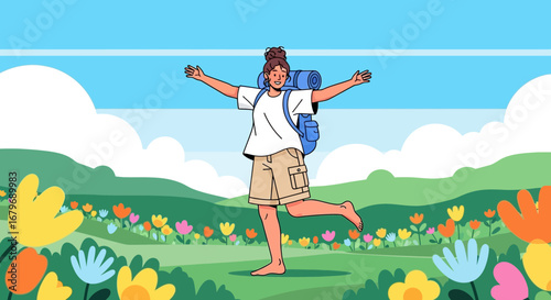 Expressing Joy In Bloom, Hiking Adventure, Nature Enthusiast Illustration