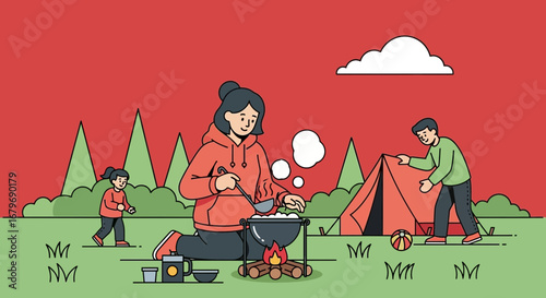 Family Camping Adventure Cooking A Meal Together In The Evening Outdoors