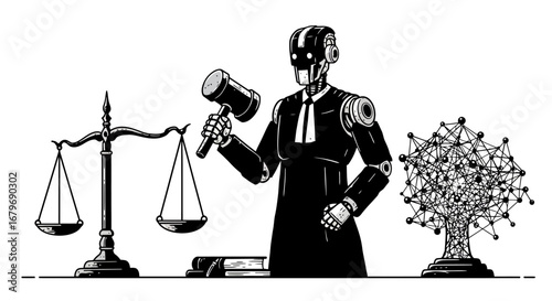 Futuristic robot judge with gavel balancing justice and technology
