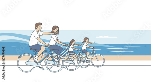 Family Cycling Adventure Along The Coastline Depicted With Seaside Vibe and Happy Moments