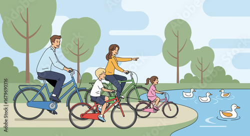 Family Cycling Adventure Alongside Ducks on a Sunny Day in Verdant Park Illustration