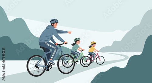 Family Cycling Adventure Along Winding Path Amidst Serene Mountainous Landscape