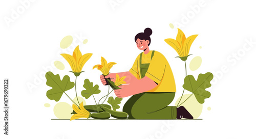Woman Harvesting Courgette Flowers In Garden Illustration In Bright Colors