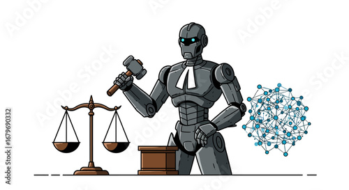 Ai robot judge holding gavel with scales of justice in futuristic courtroom scene
