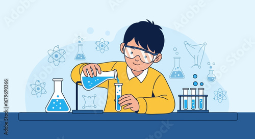 Young Student Wearing Goggles Performing Chemical Reactions in a Science Lab