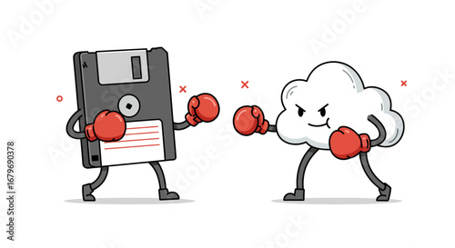 Retro technology vs. cloud computing fight in cartoon style