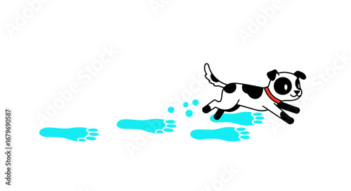 Playful puppy running with blue paw prints on white background