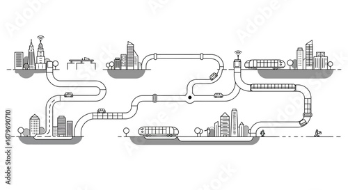 Futuristic urban transport pathways in linear monochrome design