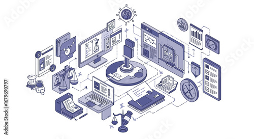 Isometric office setup with technology devices and financial analysis tools