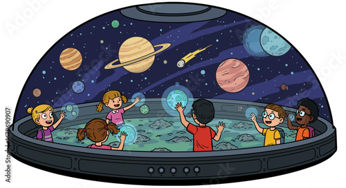Children exploring a futuristic space observatory filled with planets and stars