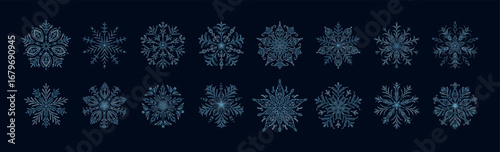Set of beautiful aesthetic detailed hand drawn whimsical blue and silver snow flakes of dark background. Christmas Eve, New Year night sky background. Winter icy symbols. Ice frozen crystals