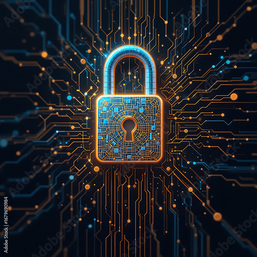 Abstract Halloween event theme data accessories theme cyber security system with digital 4d lock on the middle attached with block chain technology, 3 gradient perfec