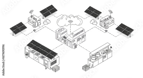 Isometric smart energy grid with solar panels and connected buildings