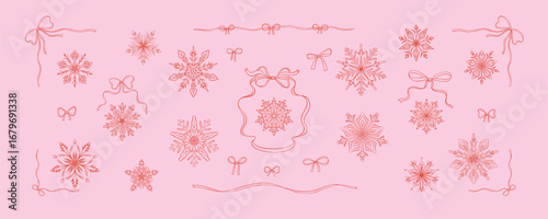 Set of Merry Christmas and Happy New Year design element drawing in coquette style. Cute hand drawn pink snowflakes, bow ribbon frames and dividers. Filigree Parisian victorian winter fancy background