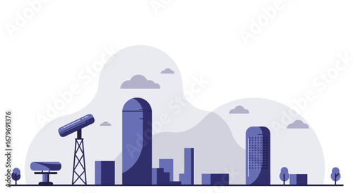 Modern cityscape with futuristic skyscrapers and satellite dishes in monochrome style