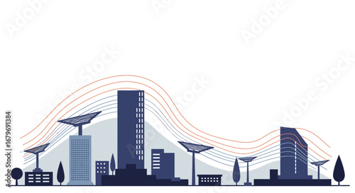 Sustainable cityscape with solar panels and modern architecture in urban environment