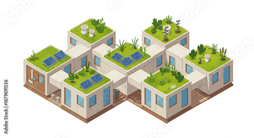 Isometric eco-friendly modular homes with green roofs and solar panels