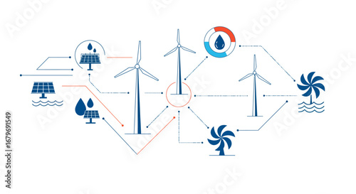 Renewable energy sources in linear design featuring wind turbines and solar panels network