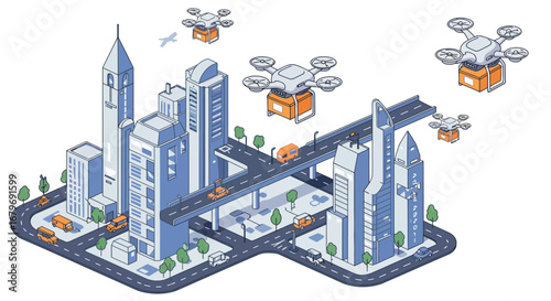 Futuristic urban landscape with drone delivery and high-tech architecture