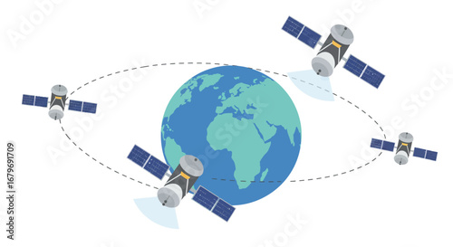 Global communication satellites orbiting earth in flat style