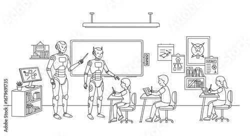 Future classroom with robots teaching students in a linear style line art