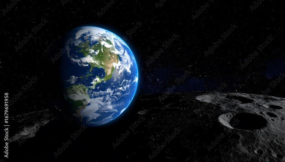 Fototapeta premium Earthrise view from lunar surface shown