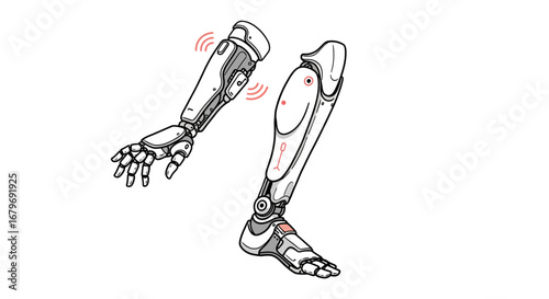 Futuristic robotic arm and leg with technology signals in minimalist style
