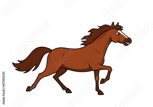 Cartoon Brown Horse Running Illustration on White Background.