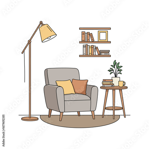 Luxurious living room interior with modern furniture including a comfortable armchair and a wooden table