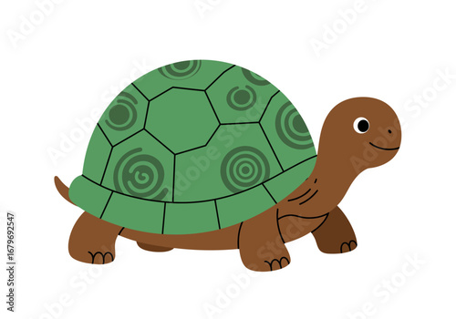 Cute Turtle Illustration with Green Shell and Brown Body.