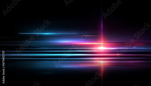 Bright light is reflected in the water. The light is purple and red. The water is dark blue