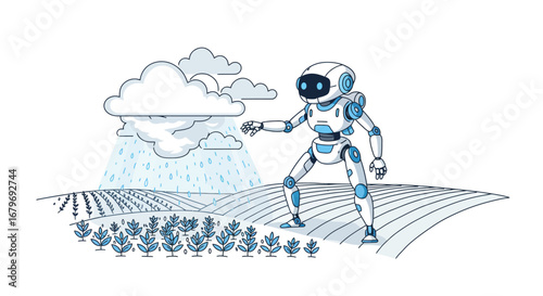 Robot tending crops in rain with modern agriculture technology concept