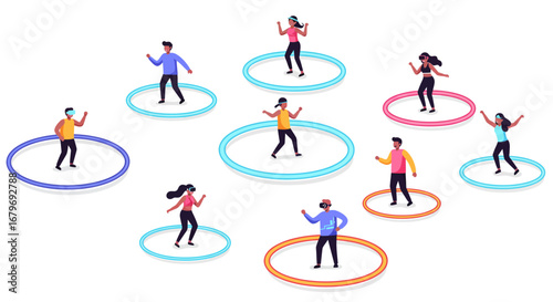 People social distancing in colorful circles on white background