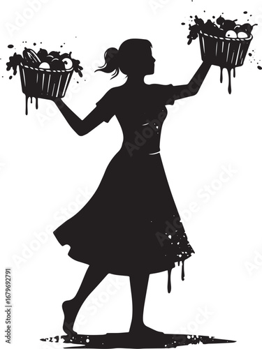 Silhouette illustration of a woman carrying baskets filled with