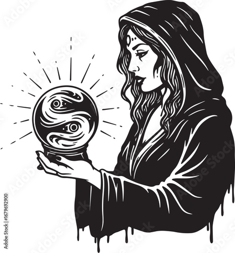 Monochromatic depiction of a hooded woman with a mystical fortun
