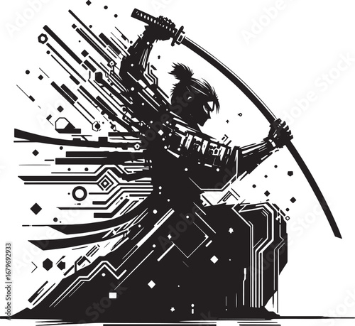 Dynamic Black and White Illustration of a Samurai Warrior with a Katana and Abstract Lines