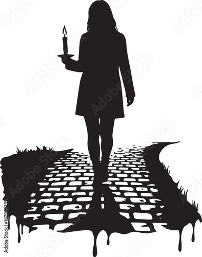 Silhouette of a mysterious woman walking with a candle on a cobb