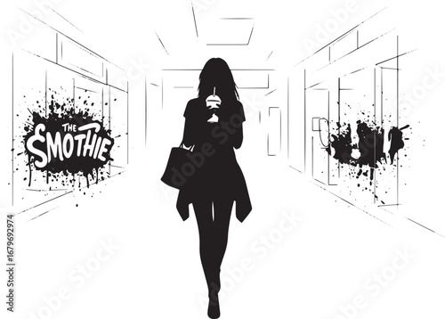 Silhouette of a stylish woman walking in a vibrant shopping cent