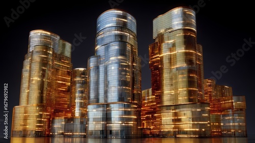Cityscape with tall buildings and a large number of coins. The buildings are made of gold and the coins are also gold