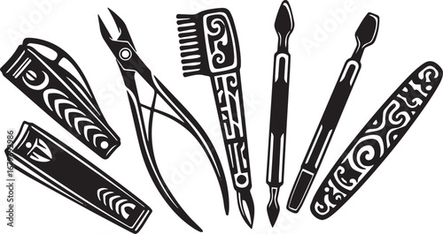 Ornate manicure set illustration in black and white, creative na