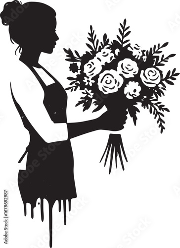 Silhouette of a woman florist holding flower bouquet in black an