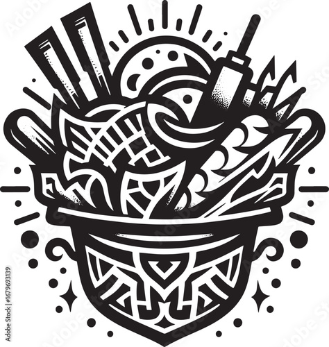 Intricate Black and White Illustration of a Delicious Bowl of Ramen Noodles with Chopsticks