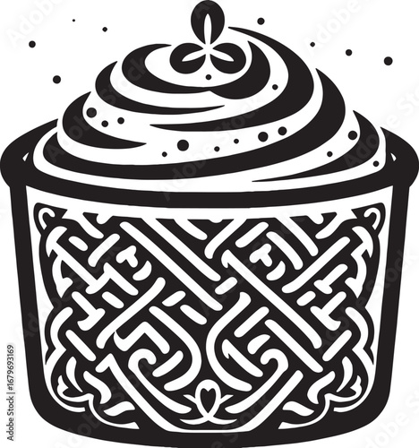 Stylized Black and White Illustration of a Decorative Cupcake with Celtic Knot Design