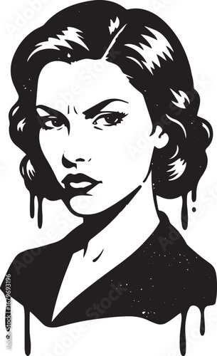 Monochrome portrait of a determined woman with dripping artistic